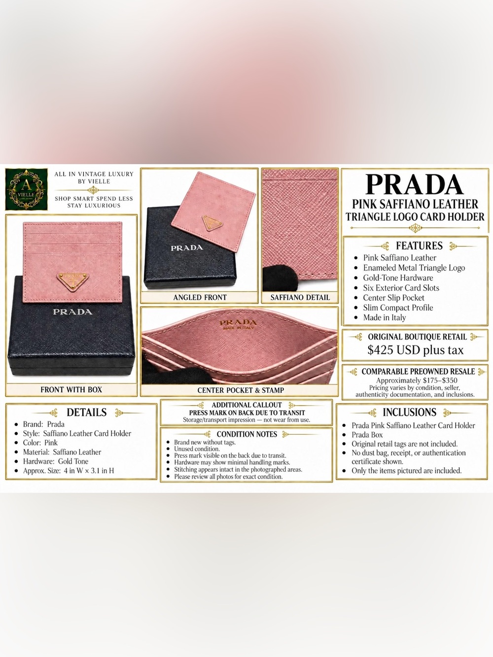 Prada Saffiano Leather Card Holder Powder Pink Cipria Gold Triangle Logo 1MC025